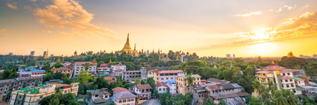Shwedagon Pagoda in Yangon city, Myanmar at sunsetの写真素材