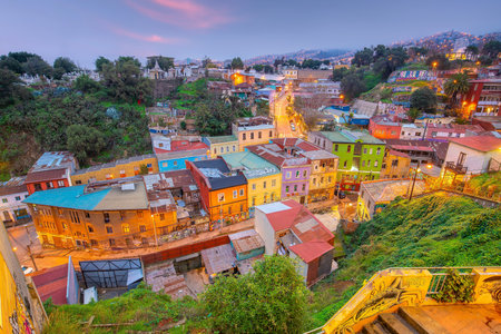 Colorful buildings of the UNESCO World Heritage city of Valparaiso cityscape in Chileのeditorial素材