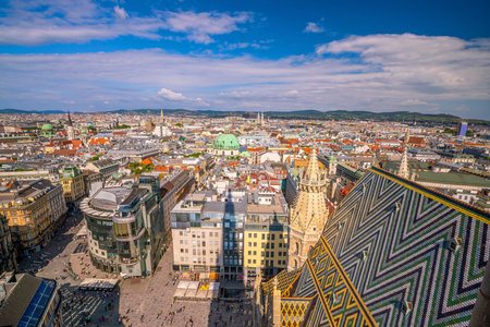 Vienna city skyline, aerial view from St. Stephen's Cathedral in Austria with blue skyの写真素材