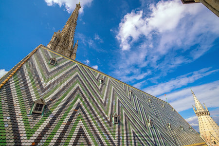 Details of rooftop St. Stephen's Cathedral in Vienna, Austriaの写真素材