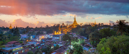 Shwedagon Pagoda in Yangon city, Myanmar at sunsetのeditorial素材