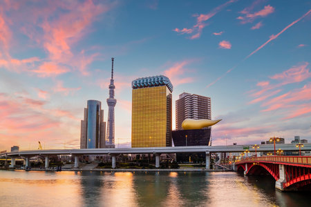 Tokyo skyline in Japan  on the Sumida River at sunsetのeditorial素材