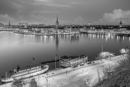 Stockholm old town city skyline, cityscape of Sweden at sunset in black and whiteの写真素材