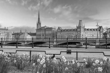 Stockholm old town city skyline, cityscape of Sweden at sunset in black and whiteの写真素材