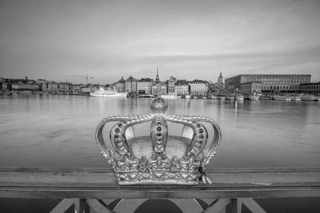 Skeppsholmsbron (Skeppsholm Bridge) and Stockholm city skyline in Sweden in black and whiteの写真素材
