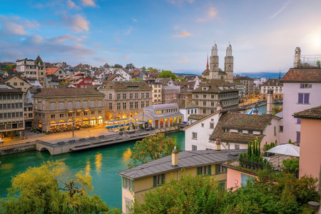 Zurich city downtown skyline cityscape of Switzerland at sunsetの写真素材