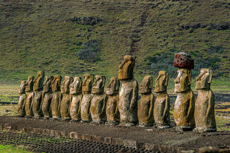 The ancient moai of Ahu Togariki, on Easter Island of Chileの写真素材