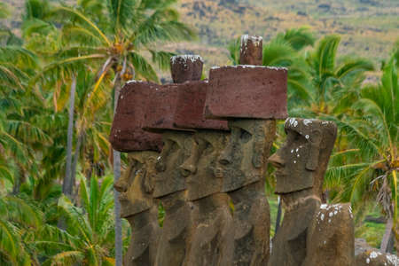 Moais standing on the Anakena Beach in Easter Island, Chileの写真素材