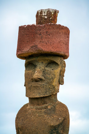 Moai standing on the Anakena Beach in Easter Island, Chileの写真素材