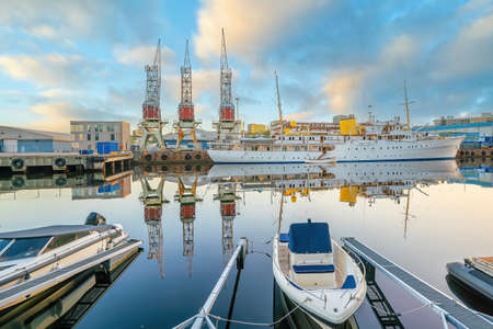 Oslo waterfront downtown city skyline cityscape in Norway at sunsetの写真素材