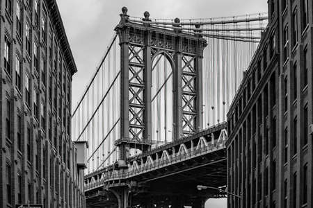Manhattan Bridge in New York City in USA from Dumbo, Brooklyn in black and whiteの写真素材
