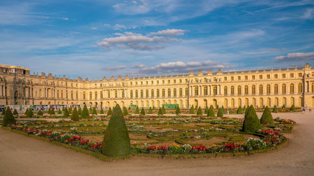 Garden of Chateau de Versailles, near Paris in France at sunsetのeditorial素材