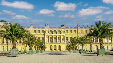 Garden of Chateau de Versailles, near Paris in France with blue skyのeditorial素材