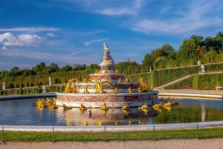 Garden of Chateau de Versailles and the Latona Fountain, near Paris in Franceのeditorial素材