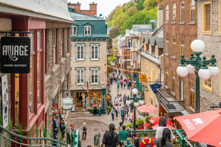 Quebec City, Quebec / Canada - 23 September 2019: Tourist are walking on one of the shopping streets of Old Quebec.のeditorial素材