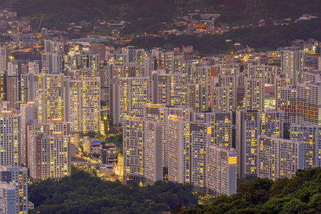 Buildings in Seoul, cityscape of South Korea at nightの写真素材