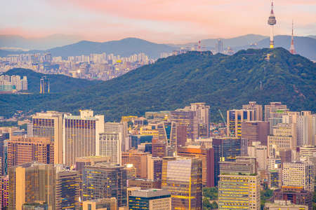 Downtown Seoul city skyline, cityscape of South Korea at sunsetの写真素材