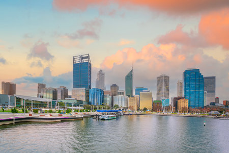 Perth downtown city skyline cityscape of Australia at sunsetの写真素材