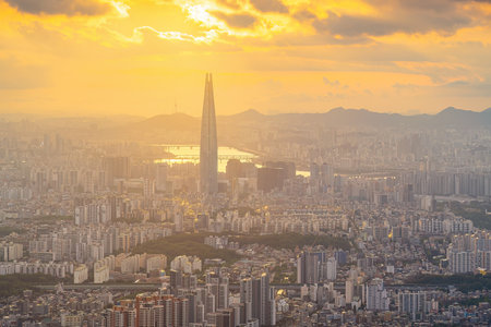 Downtown Seoul city skyline, cityscape of South Korea in Asia at sunsetの写真素材