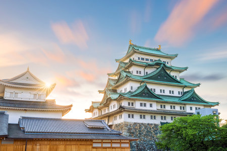 Nagoya castle and city skyline in Japan at sunsetのeditorial素材
