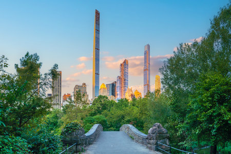 Central Park with Manhattan city skyline, cityscape of New York City USA in summer at sunriseの写真素材