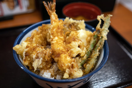 A bowl of Japanese food, tempura on rice in Tokyo Japanの写真素材
