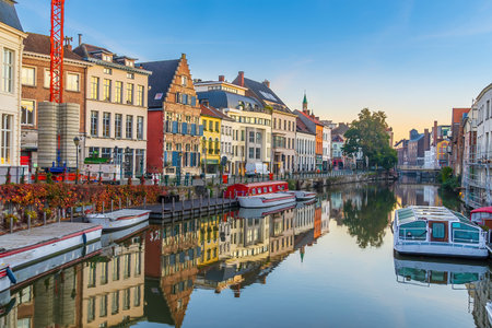 View of  historic city of downtown Ghent, cityscape of Belgium at sunriseの写真素材