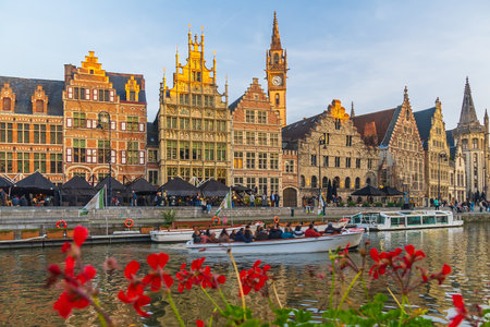 View of  historic city of downtown Ghent, cityscape of Belgium at sunriseの写真素材
