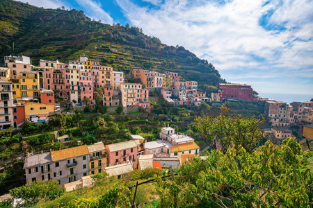 Colorful cityscape of buildings over Mediterranean sea, Europe, Cinque Terre, traditional Italian...