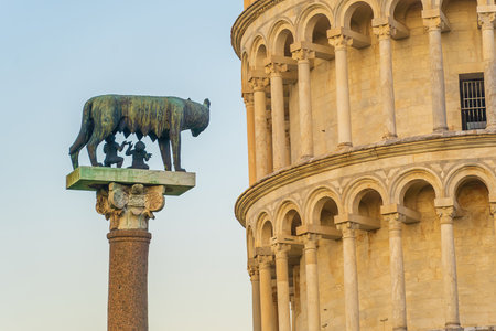 The Capitoline Wolf or Lupa Capitolina is a bronze sculpture near the Pisa Leaning Towerの写真素材