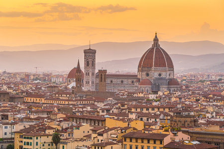 View of the city of Florence, cityscape of Italy at sunsetの写真素材