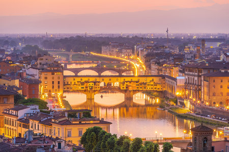 View of the city of Florence, cityscape of Italy at sunsetの写真素材