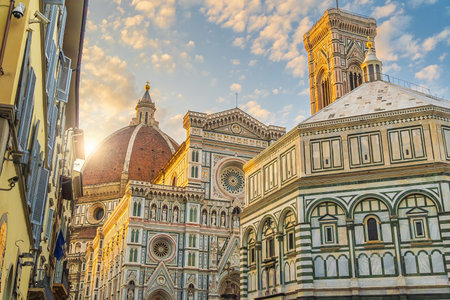 Piazza del Duomo and cathedral of Santa Maria del Fiore in downtown Florence, Italy at sunriseの写真素材