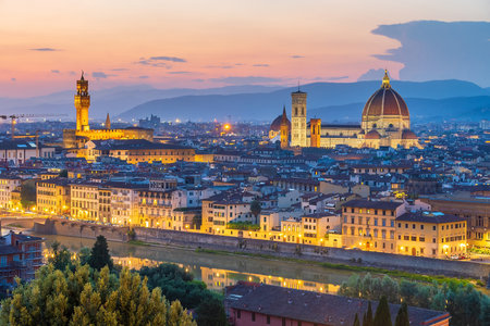 View of the city of Florence, cityscape of Italy at sunsetの写真素材