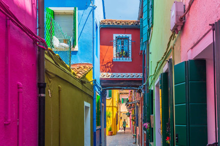 View of the colorful Venetian houses at the Islands of Burano in Veniceの写真素材