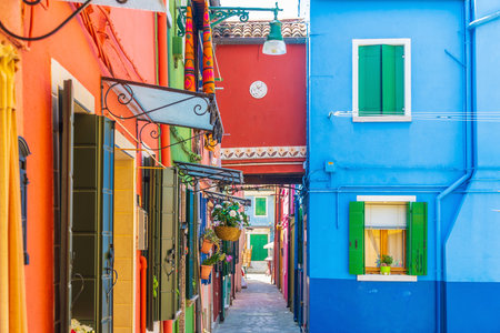 View of the colorful Venetian houses at the Islands of Burano in Veniceの写真素材