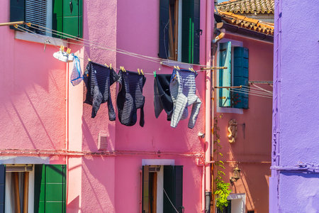 View of the colorful Venetian houses at the Islands of Burano in Veniceの写真素材