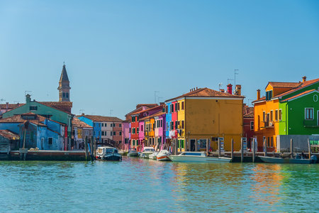 View of the colorful Venetian houses at the Islands of Burano in Veniceの写真素材