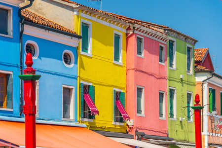 View of the colorful Venetian houses at the Islands of Burano in Veniceの写真素材
