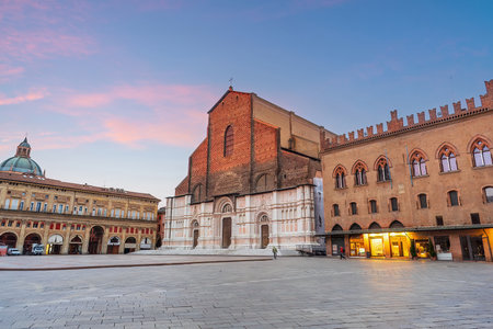 Bologna oldtown city skyline, cityscape of Italy in Europe at sunsetの写真素材