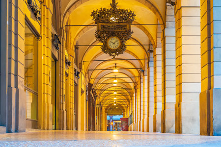 Arcades in the center of old town Bologna Italy in Europeの写真素材