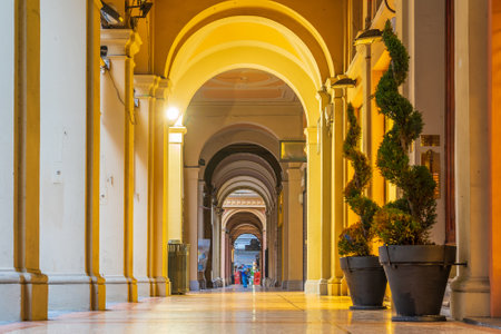 Arcades in the center of old town Bologna Italy in Europeの写真素材