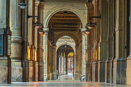 Arcades in the center of old town Bologna Italy in Europeの写真素材
