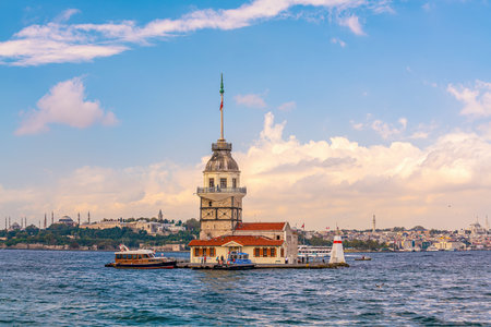 Maiden's Tower and Istanbul city skyline cityscape of Turkeyの写真素材