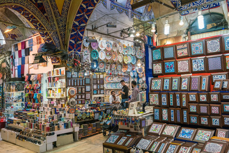 Istanbul, Turkey - September 23, 2017 : Shops and tourists in Grand Bazaar in Istanbul, Turkey