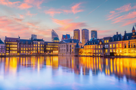 Binnenhof castle or Dutch Parliament, cityscape downtown skyline of  Hague in Netherlands at twilightの写真素材