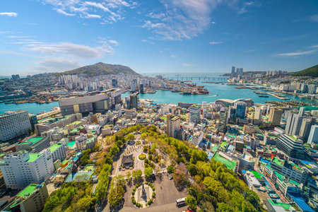 Busan city skyline, cityscape of South Korea with blue skyの写真素材