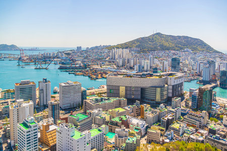 Busan city skyline, cityscape of South Korea with blue skyの写真素材