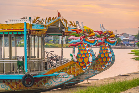 Traditional Dragon boat in Hue Vietnam at twilightの写真素材