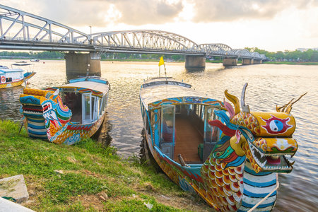 Traditional Dragon boat in Hue Vietnam at twilightの写真素材